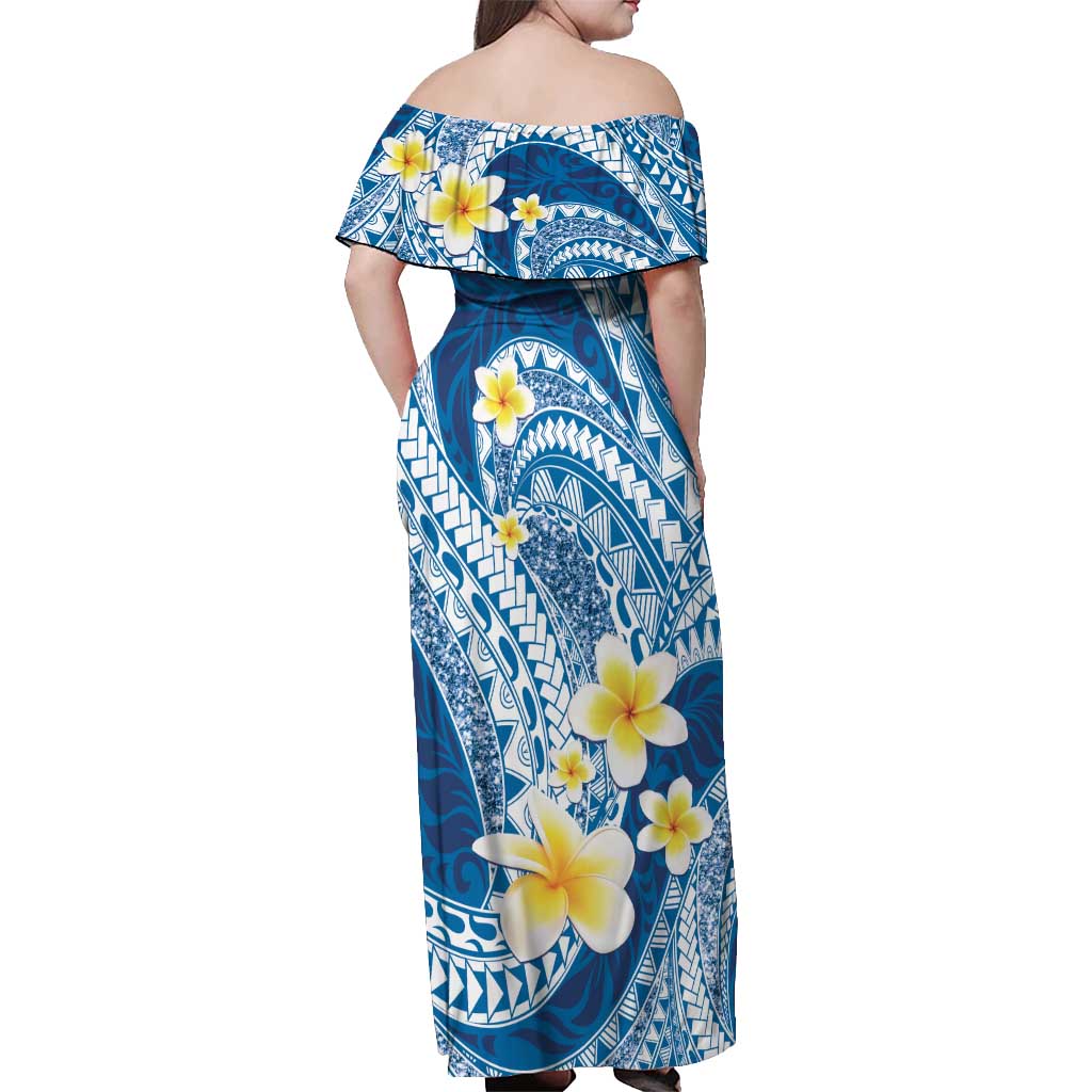 Plumeria Polynesian Blue Glitter Pattern Off Shoulder Maxi Dress LT01 - Polynesian Pride