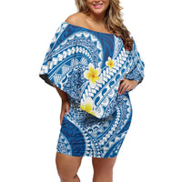 Plumeria Polynesian Blue Glitter Pattern Off Shoulder Short Dress LT01 Women Blue - Polynesian Pride