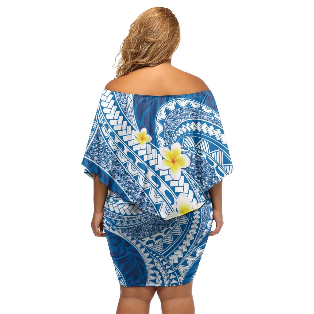 Plumeria Polynesian Blue Glitter Pattern Off Shoulder Short Dress LT01 - Polynesian Pride
