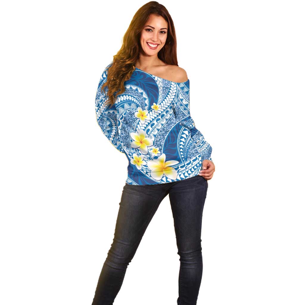 Plumeria Polynesian Blue Glitter Pattern Off Shoulder Sweater