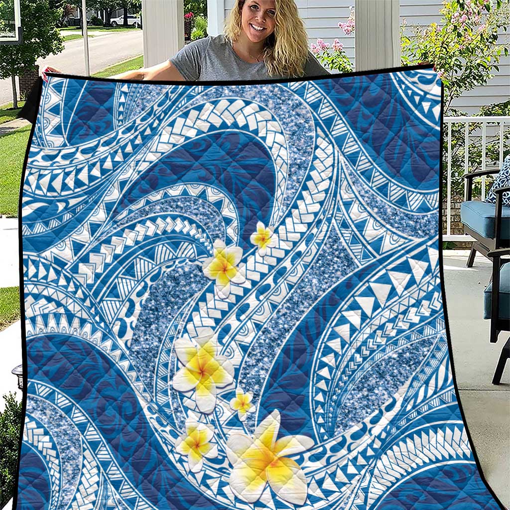 Plumeria Polynesian Blue Glitter Pattern Quilt