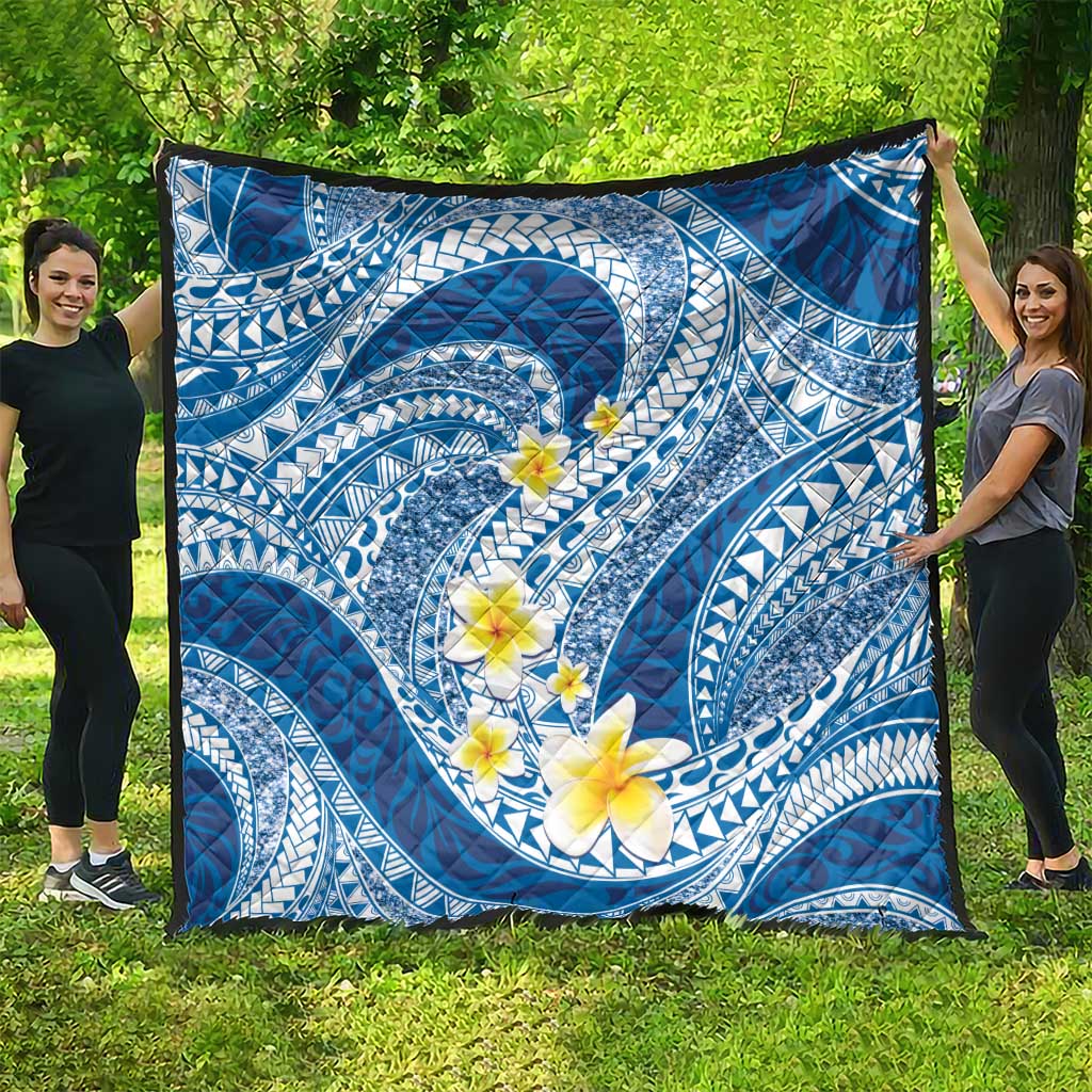 Plumeria Polynesian Blue Glitter Pattern Quilt
