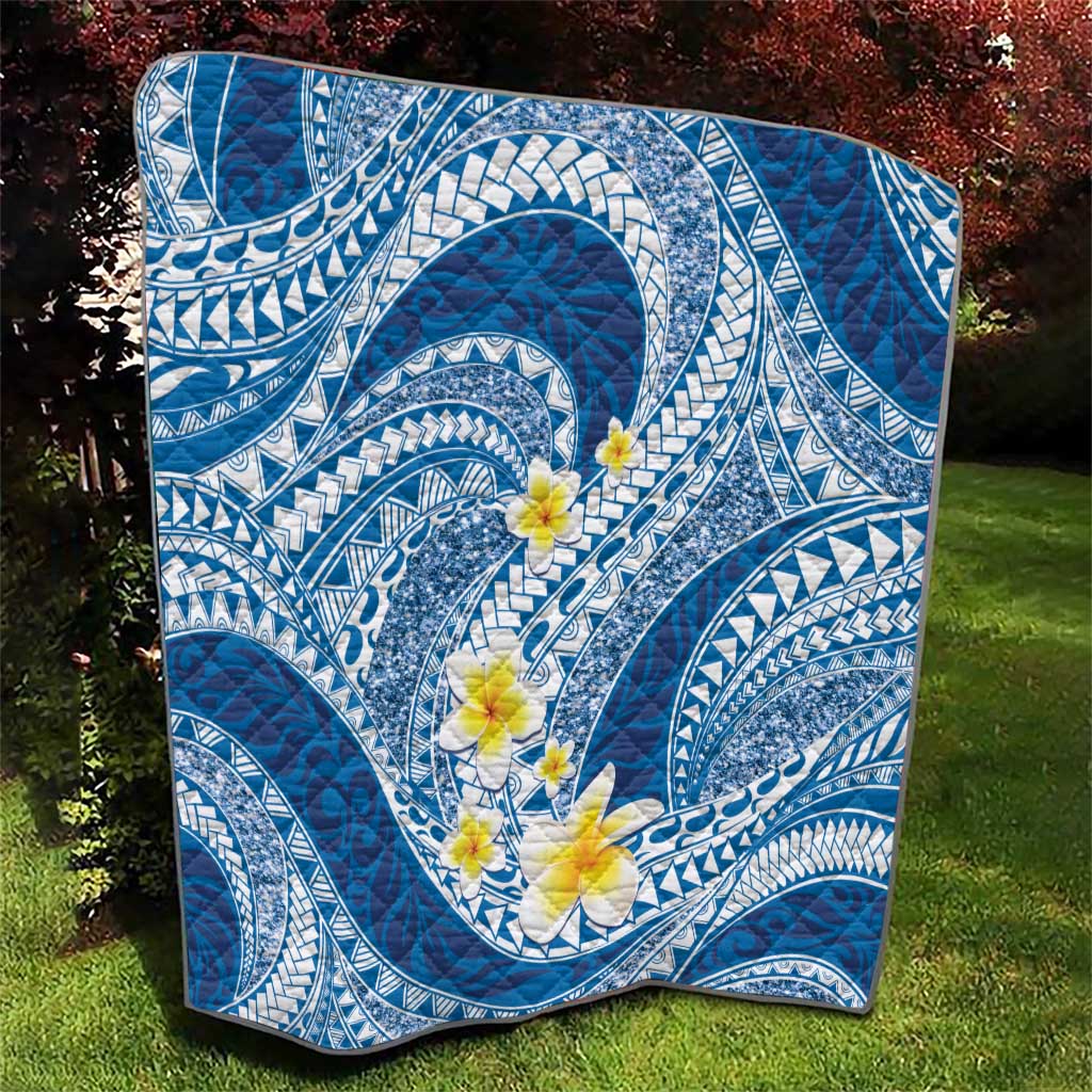 Plumeria Polynesian Blue Glitter Pattern Quilt
