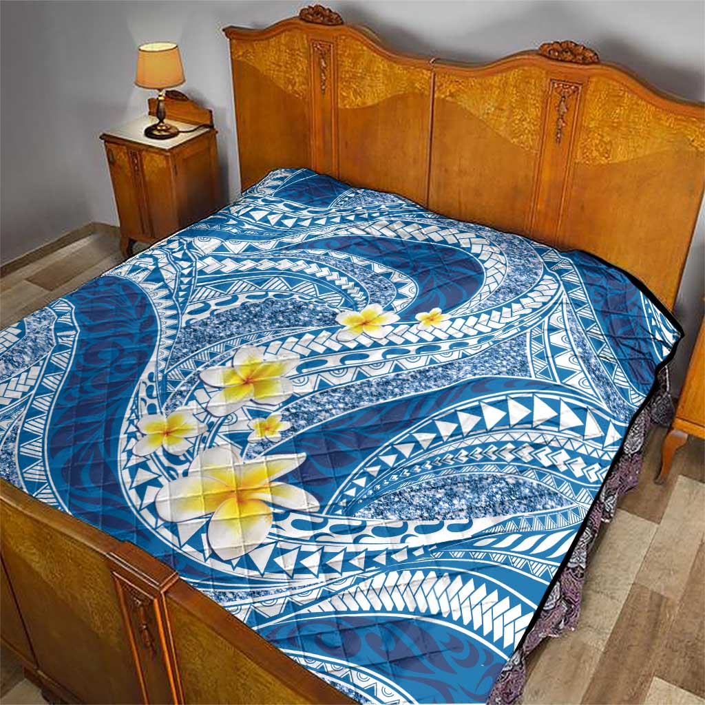 Plumeria Polynesian Blue Glitter Pattern Quilt