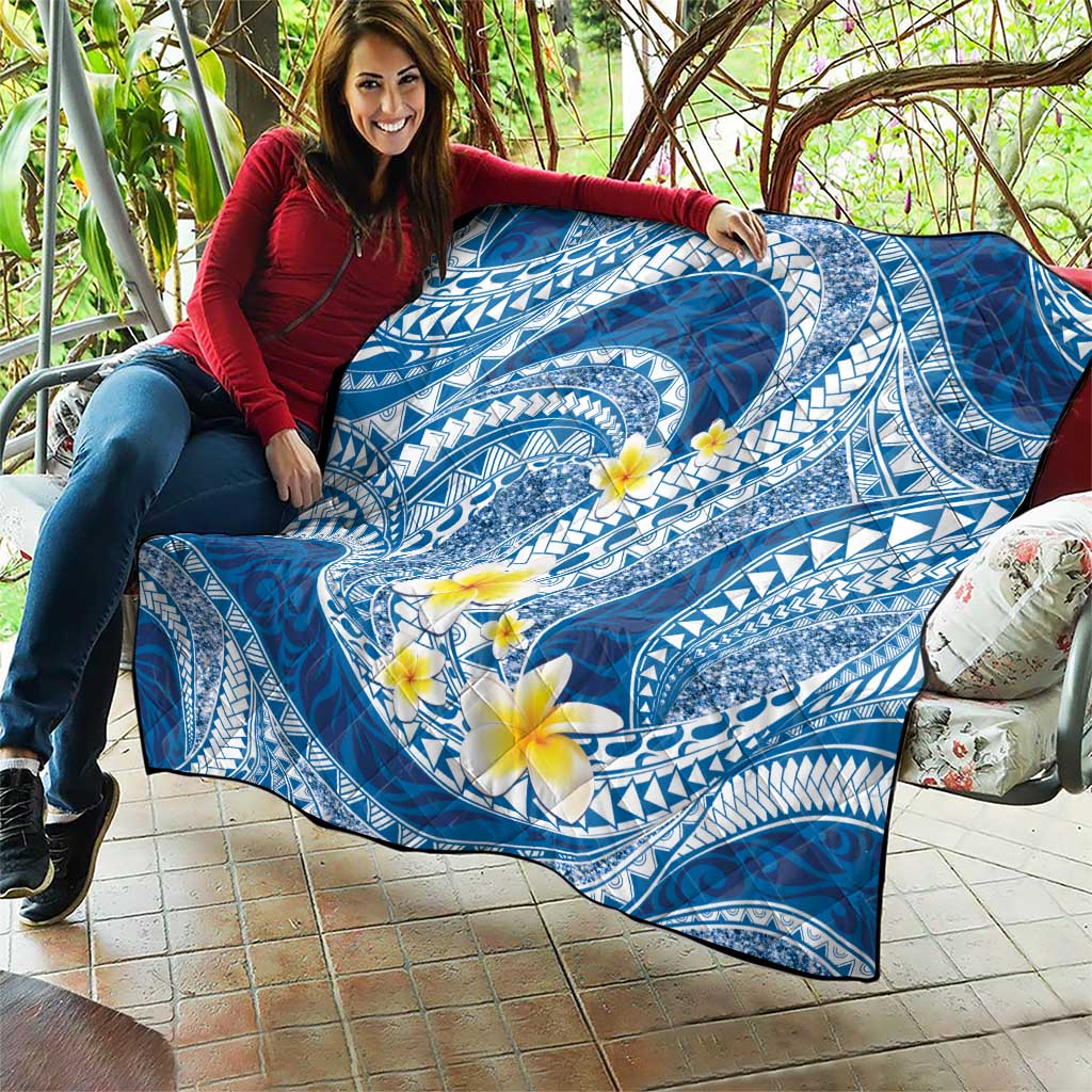 Plumeria Polynesian Blue Glitter Pattern Quilt
