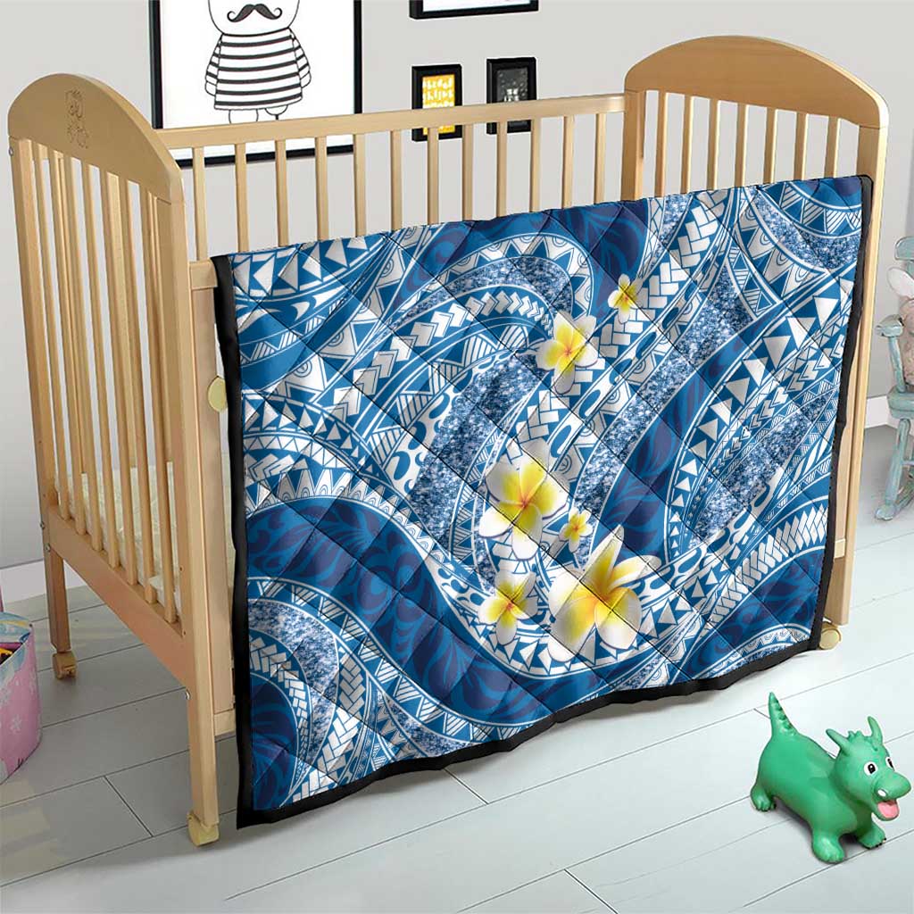 Plumeria Polynesian Blue Glitter Pattern Quilt