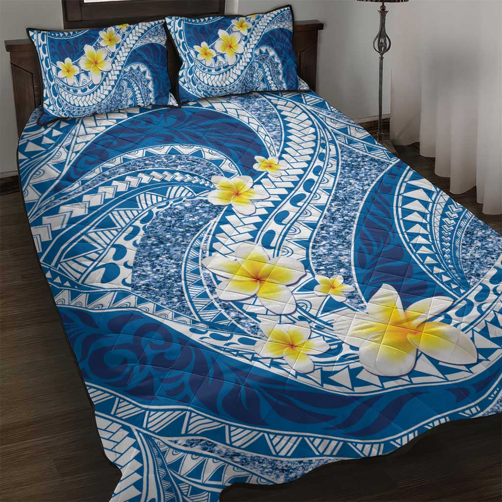 Plumeria Polynesian Blue Glitter Pattern Quilt Bed Set LT01 Blue - Polynesian Pride