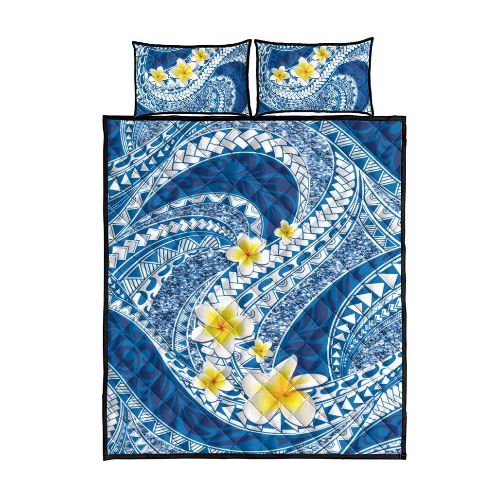 Plumeria Polynesian Blue Glitter Pattern Quilt Bed Set LT01 - Polynesian Pride