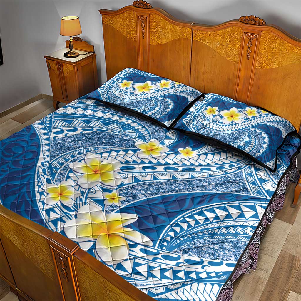 Plumeria Polynesian Blue Glitter Pattern Quilt Bed Set LT01 - Polynesian Pride