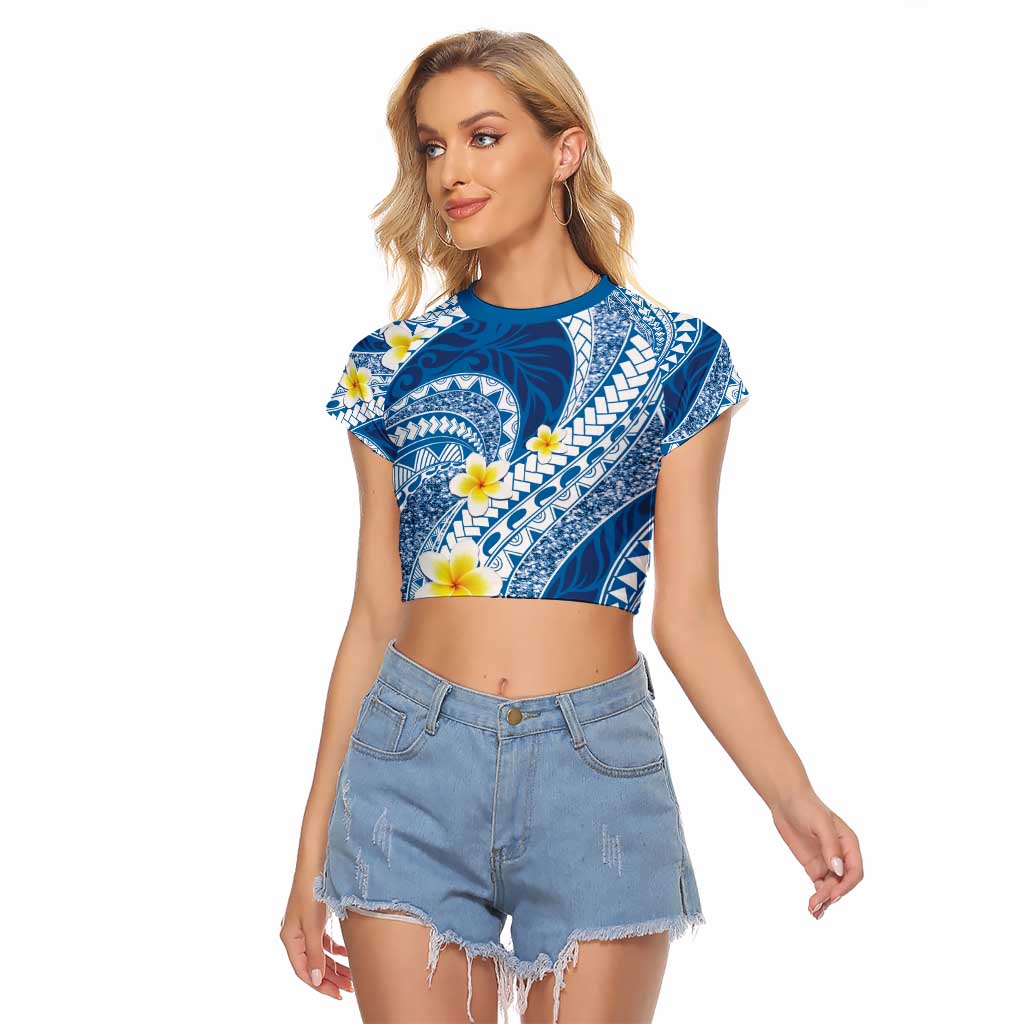Plumeria Polynesian Blue Glitter Pattern Raglan Cropped T Shirt LT01 Female Blue - Polynesian Pride