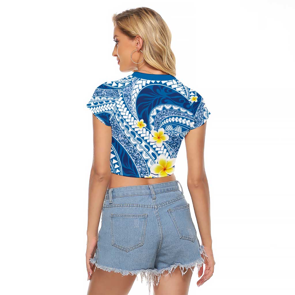 Plumeria Polynesian Blue Glitter Pattern Raglan Cropped T Shirt LT01 - Polynesian Pride