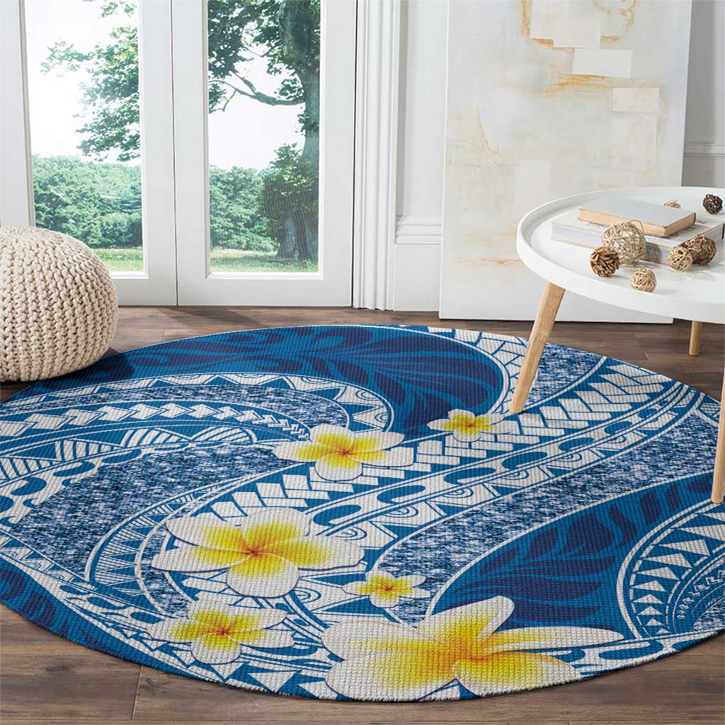 Plumeria Polynesian Blue Glitter Pattern Round Carpet