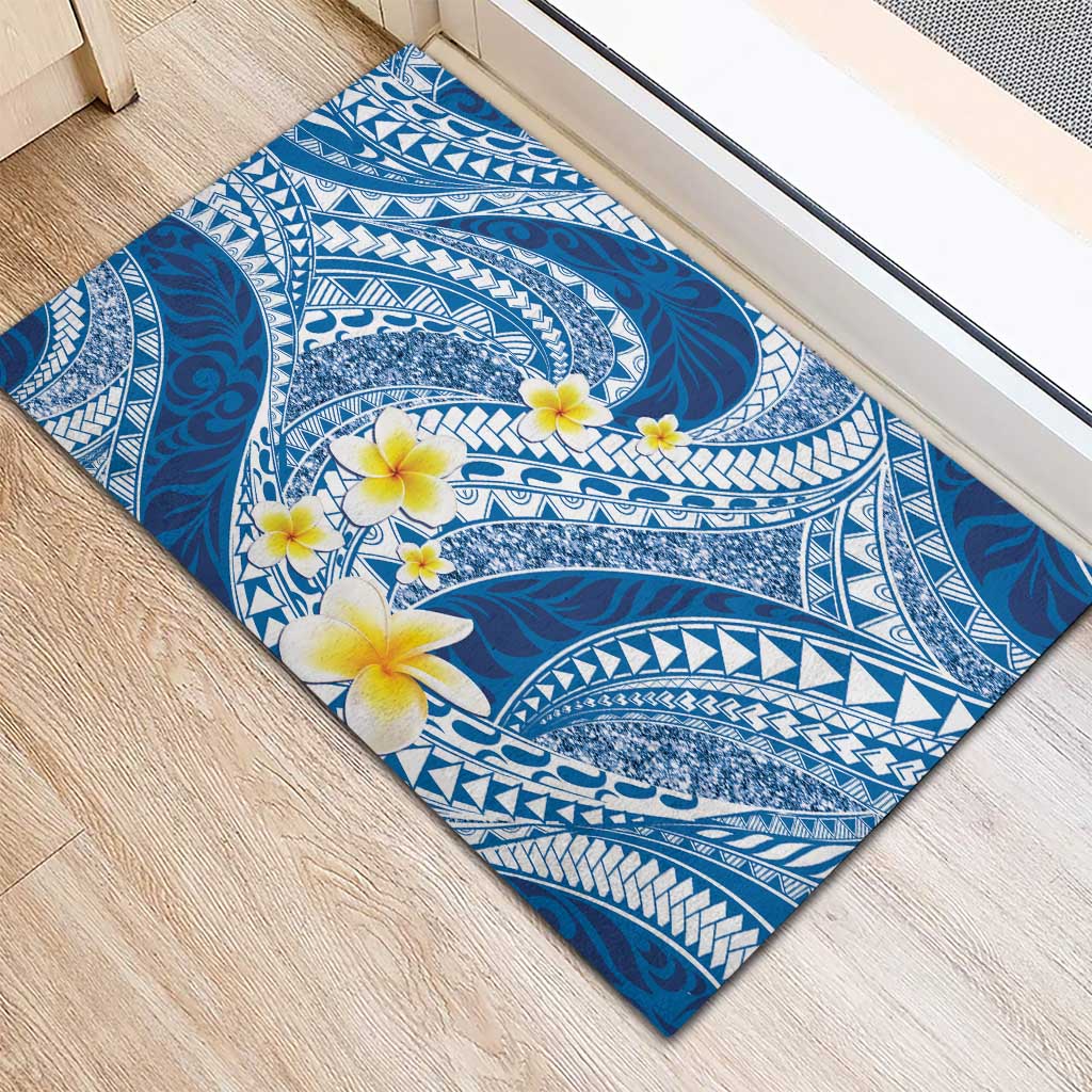 Plumeria Polynesian Blue Glitter Pattern Rubber Doormat LT01 - Polynesian Pride