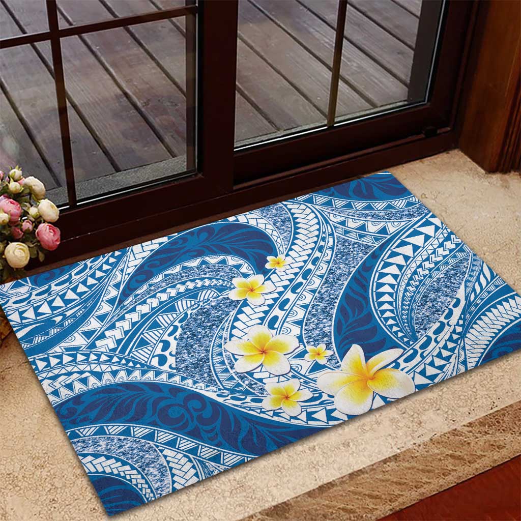 Plumeria Polynesian Blue Glitter Pattern Rubber Doormat LT01 - Polynesian Pride