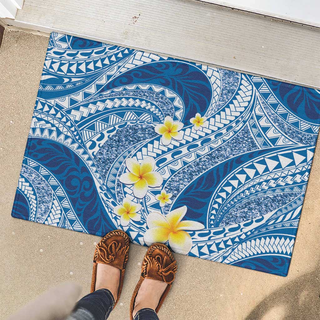 Plumeria Polynesian Blue Glitter Pattern Rubber Doormat LT01 - Polynesian Pride