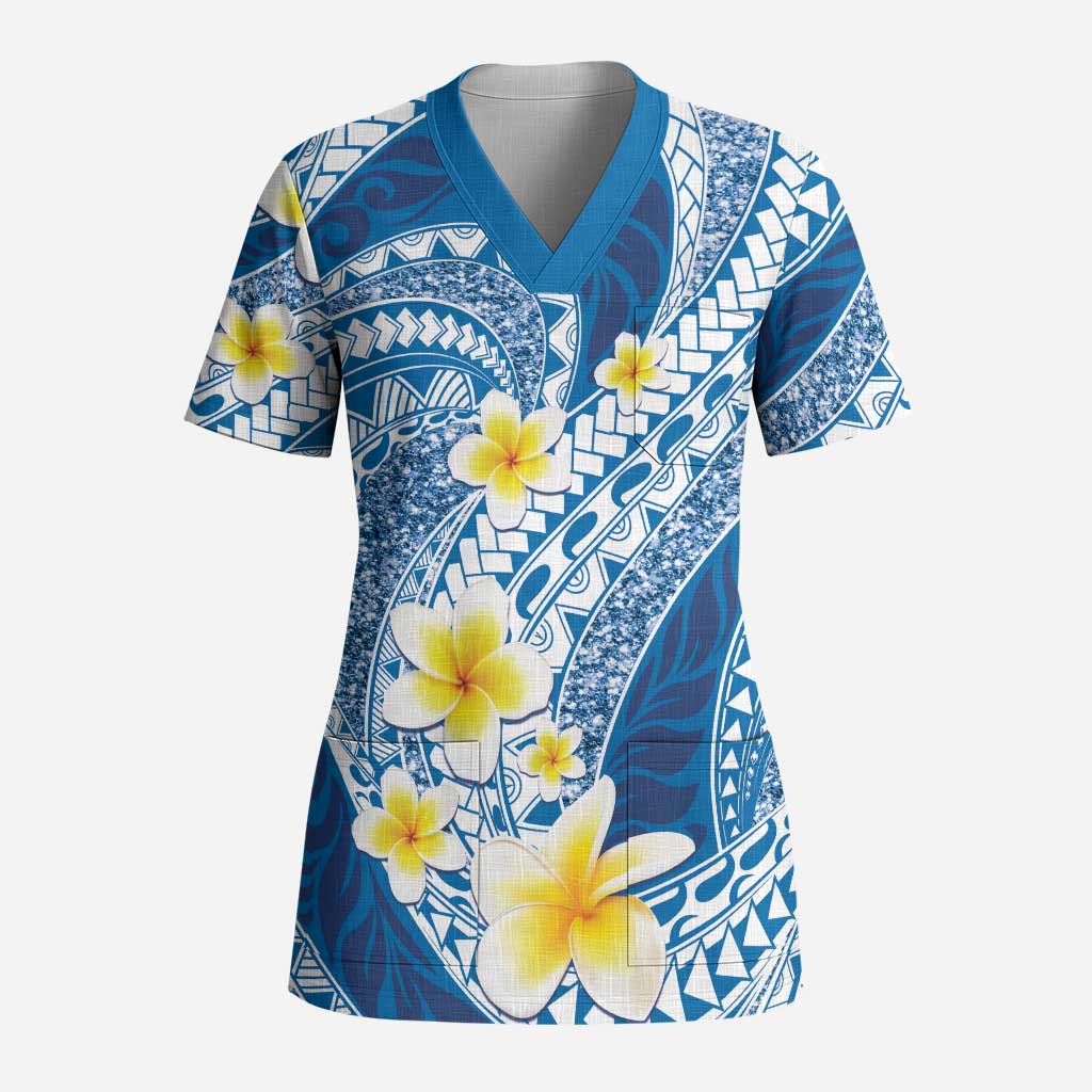 Plumeria Polynesian Blue Glitter Pattern Scrub Top LT01 Adult Blue - Polynesian Pride