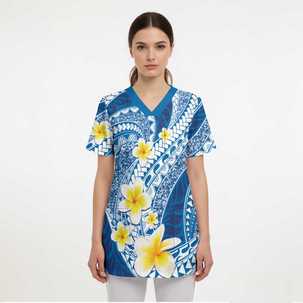 Plumeria Polynesian Blue Glitter Pattern Scrub Top LT01 - Polynesian Pride