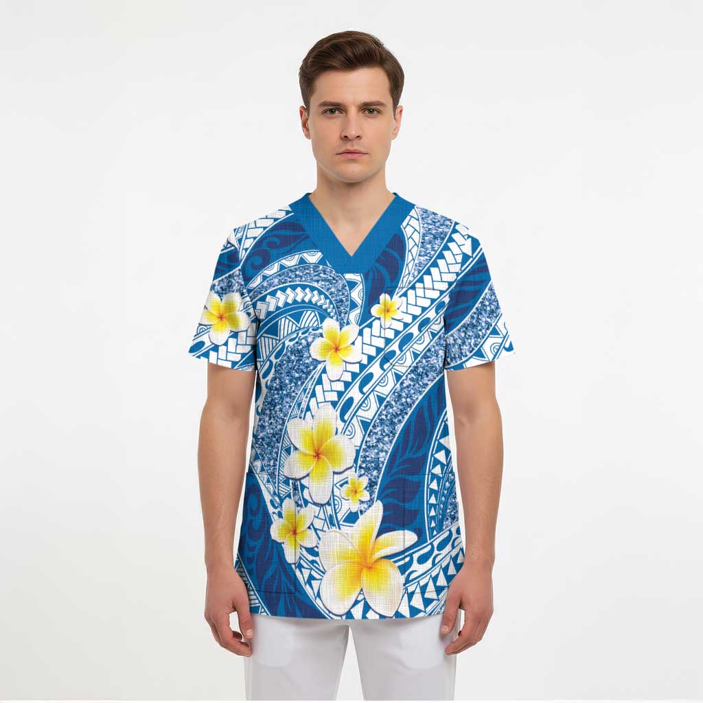 Plumeria Polynesian Blue Glitter Pattern Scrub Top LT01 - Polynesian Pride