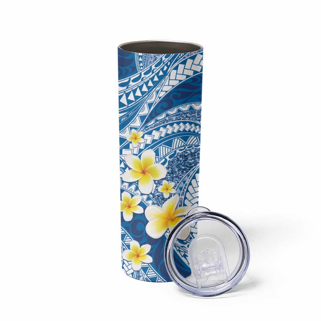 Plumeria Polynesian Blue Glitter Pattern Skinny Tumbler