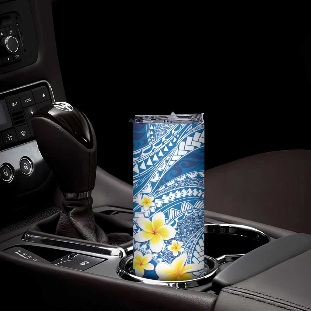 Plumeria Polynesian Blue Glitter Pattern Skinny Tumbler