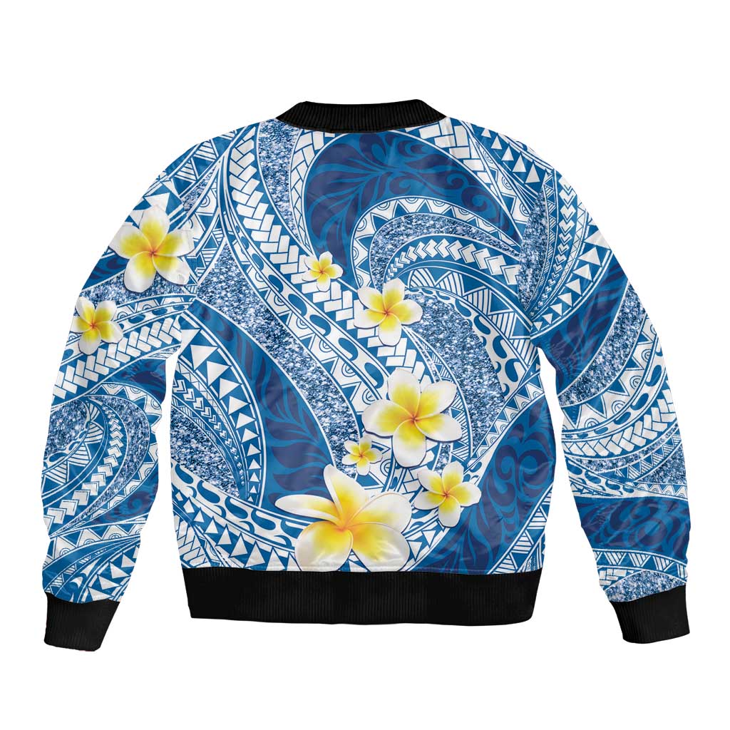 Plumeria Polynesian Blue Glitter Pattern Sleeve Zip Bomber Jacket