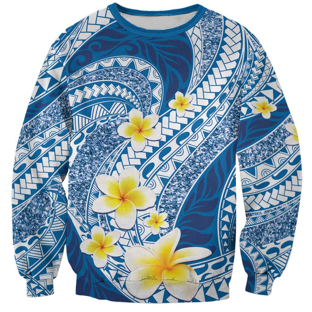 Plumeria Polynesian Blue Glitter Pattern Sweatshirt LT01 Unisex Blue - Polynesian Pride