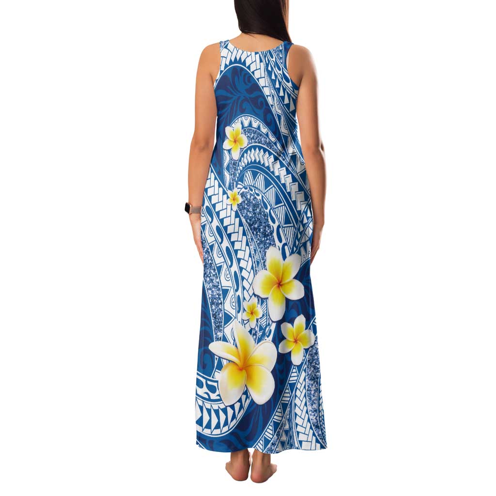 Plumeria Polynesian Blue Glitter Pattern Tank Maxi Dress LT01 - Polynesian Pride