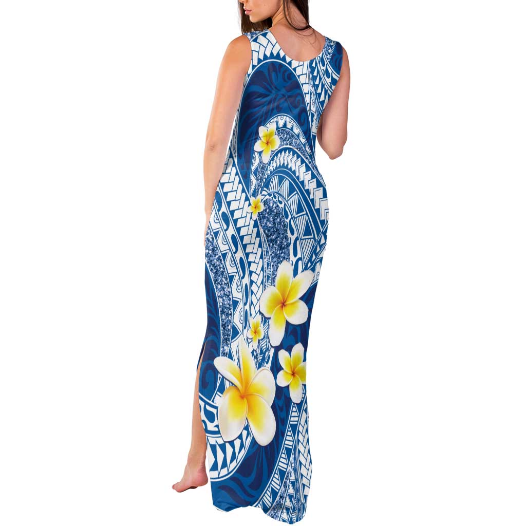 Plumeria Polynesian Blue Glitter Pattern Tank Maxi Dress LT01 - Polynesian Pride