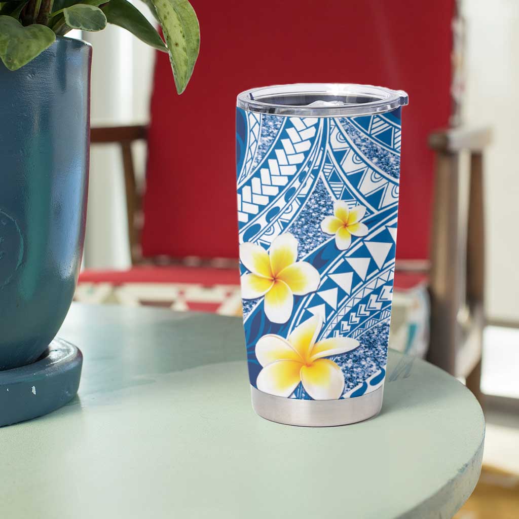 Plumeria Polynesian Blue Glitter Pattern Tumbler Cup LT01 - Polynesian Pride