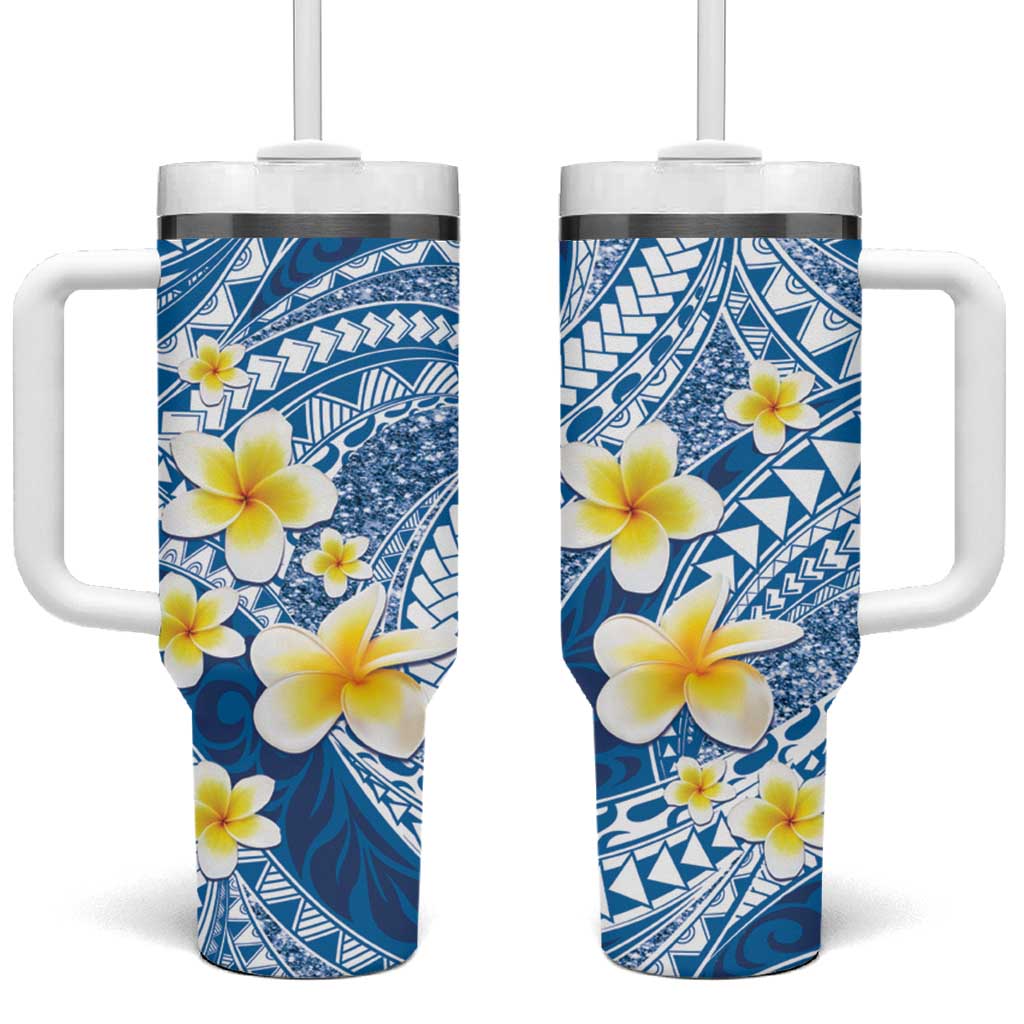 Plumeria Polynesian Blue Glitter Pattern Tumbler With Handle LT01 One Size: 40 oz Blue - Polynesian Pride