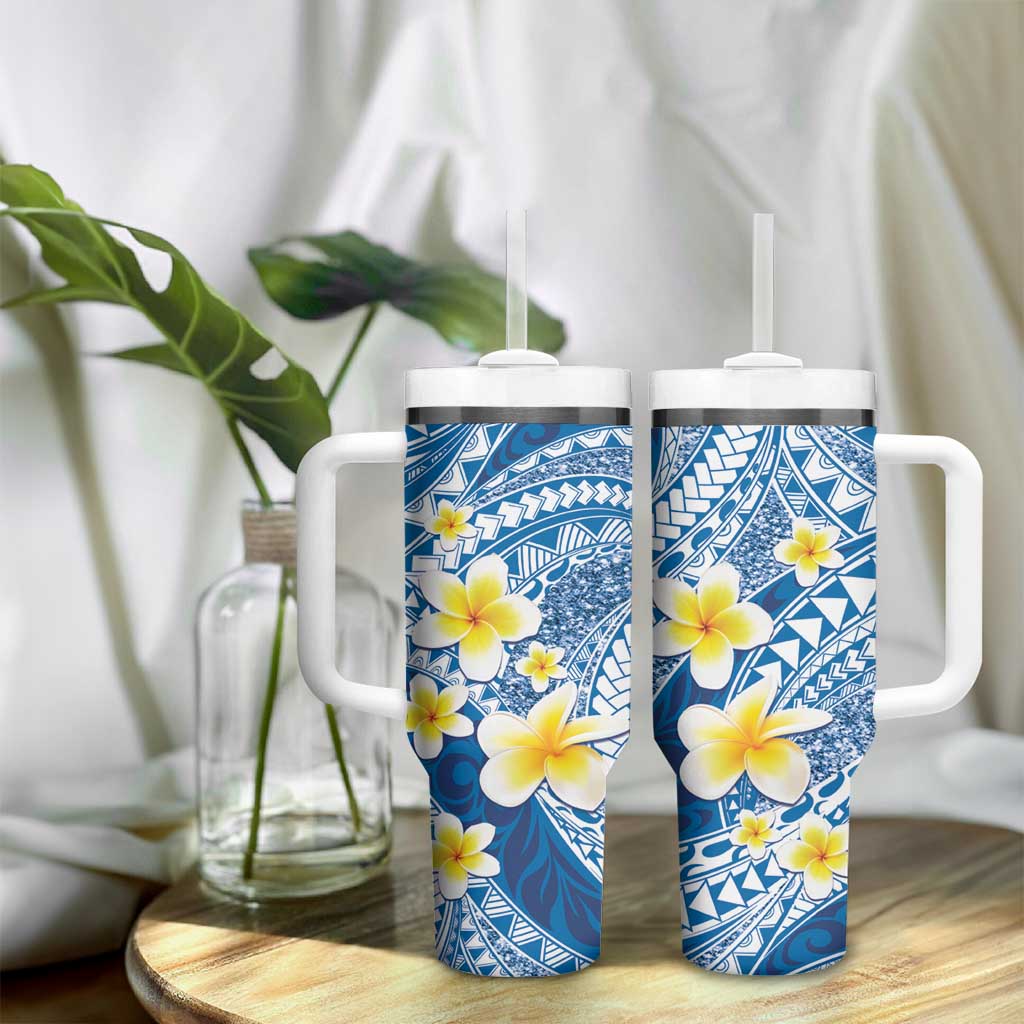 Plumeria Polynesian Blue Glitter Pattern Tumbler With Handle LT01 - Polynesian Pride