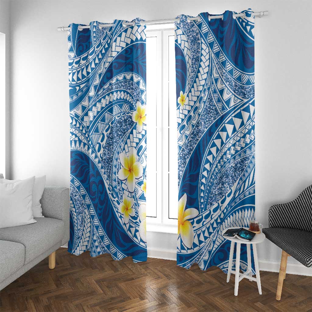 Plumeria Polynesian Blue Glitter Pattern Window Curtain LT01 With Grommets Blue - Polynesian Pride