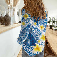 Plumeria Polynesian Blue Glitter Pattern Women Casual Shirt