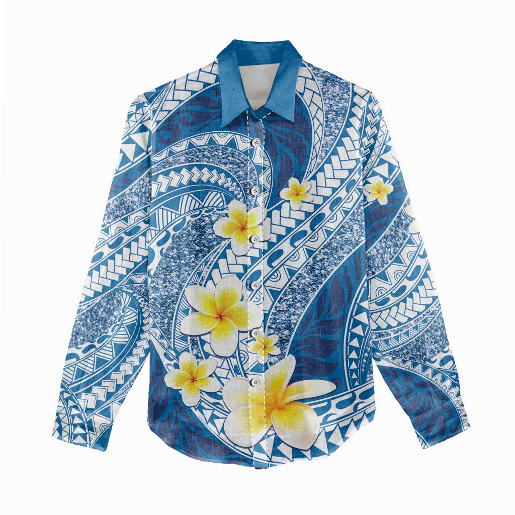 Plumeria Polynesian Blue Glitter Pattern Women Casual Shirt