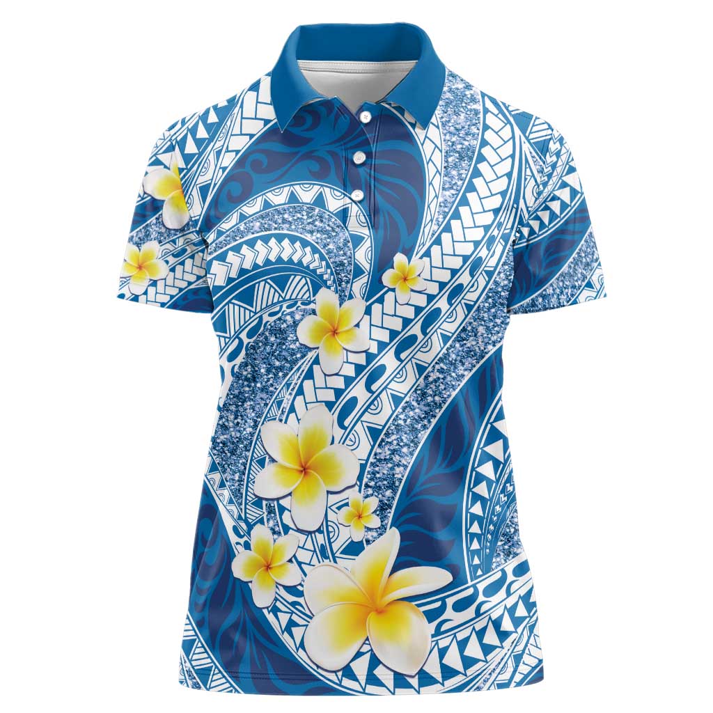 Plumeria Polynesian Blue Glitter Pattern Women Polo Shirt