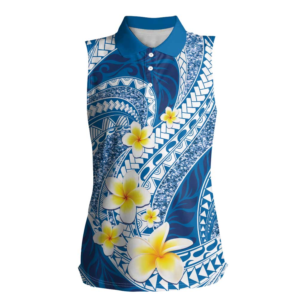 Plumeria Polynesian Blue Glitter Pattern Women Sleeveless Polo Shirt