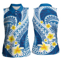 Plumeria Polynesian Blue Glitter Pattern Women Sleeveless Polo Shirt