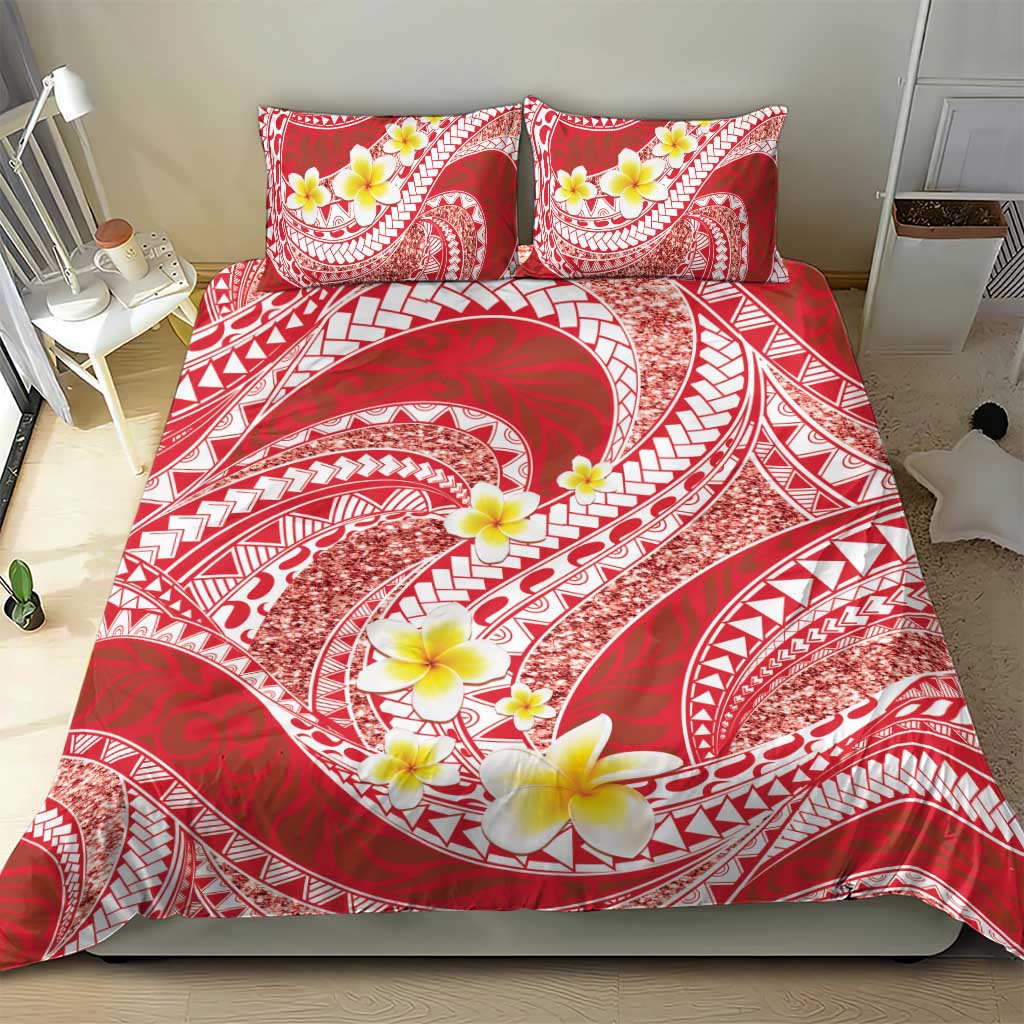 Plumeria Polynesian Coral Glitter Pattern Bedding Set