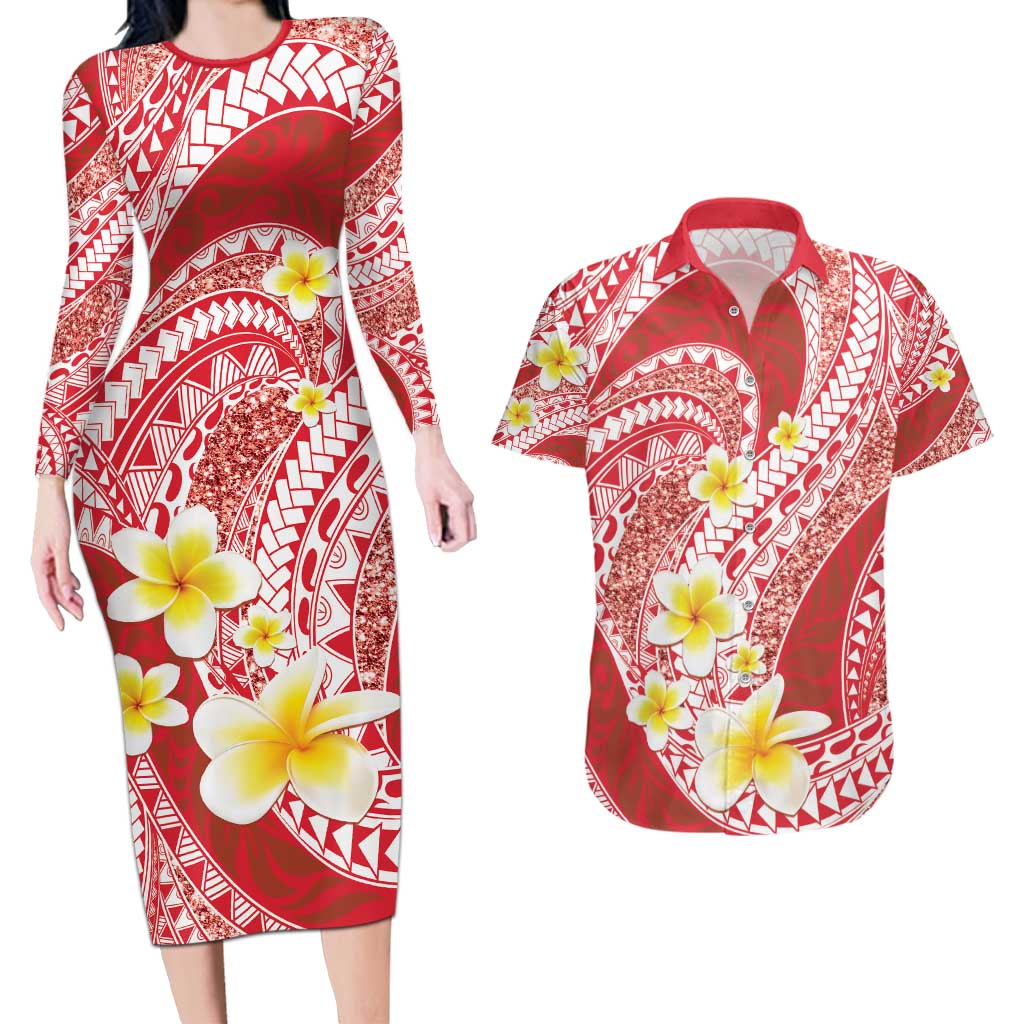 Plumeria Polynesian Coral Glitter Pattern Couples Matching Long Sleeve Bodycon Dress and Hawaiian Shirt LT01 Coral - Polynesian Pride