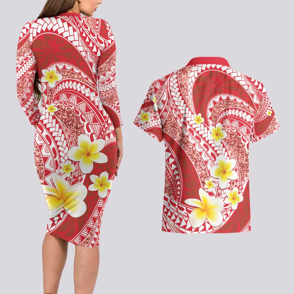 Plumeria Polynesian Coral Glitter Pattern Couples Matching Long Sleeve Bodycon Dress and Hawaiian Shirt LT01 - Polynesian Pride