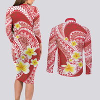 Plumeria Polynesian Coral Glitter Pattern Couples Matching Long Sleeve Bodycon Dress and Long Sleeve Button Shirt LT01 - Polynesian Pride