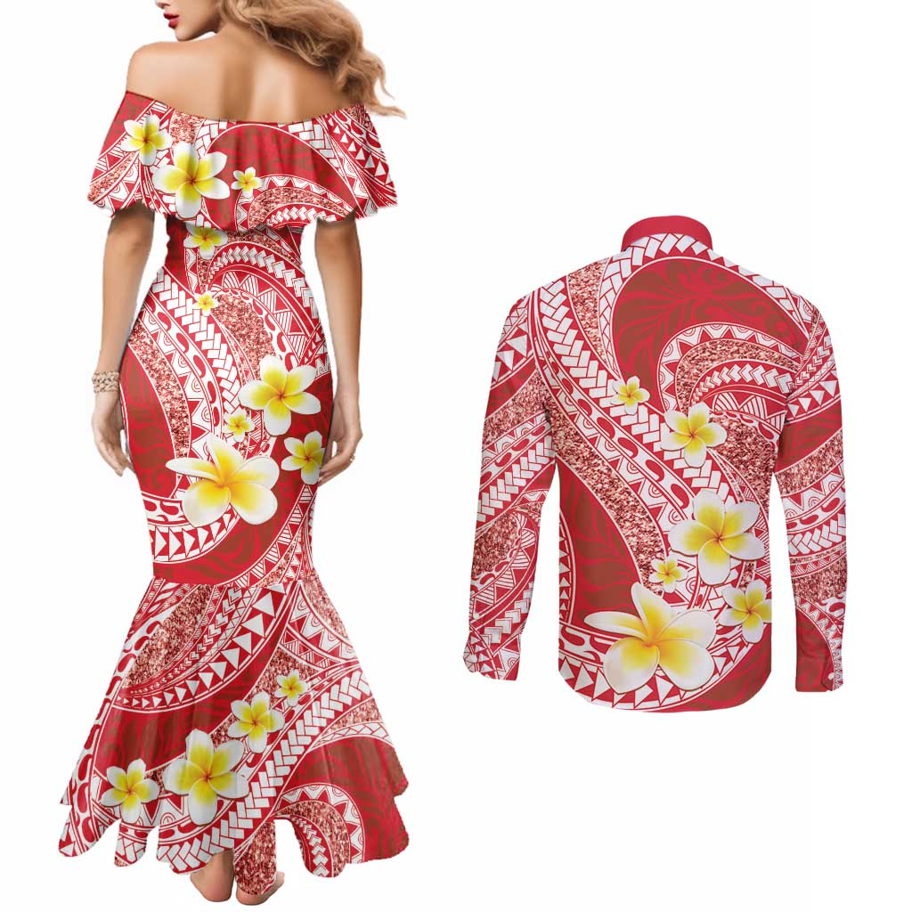Plumeria Polynesian Coral Glitter Pattern Couples Matching Mermaid Dress and Long Sleeve Button Shirt LT01 - Polynesian Pride