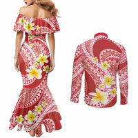 Plumeria Polynesian Coral Glitter Pattern Couples Matching Mermaid Dress and Long Sleeve Button Shirt LT01 - Polynesian Pride