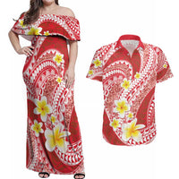 Plumeria Polynesian Coral Glitter Pattern Couples Matching Off Shoulder Maxi Dress and Hawaiian Shirt LT01 Coral - Polynesian Pride
