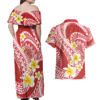 Plumeria Polynesian Coral Glitter Pattern Couples Matching Off Shoulder Maxi Dress and Hawaiian Shirt LT01 - Polynesian Pride