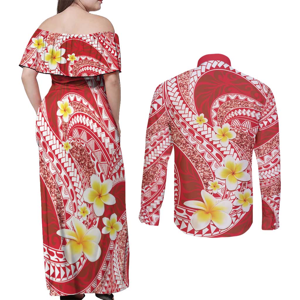 Plumeria Polynesian Coral Glitter Pattern Couples Matching Off Shoulder Maxi Dress and Long Sleeve Button Shirt LT01 - Polynesian Pride