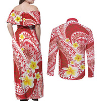 Plumeria Polynesian Coral Glitter Pattern Couples Matching Off Shoulder Maxi Dress and Long Sleeve Button Shirt LT01 - Polynesian Pride
