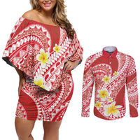 Plumeria Polynesian Coral Glitter Pattern Couples Matching Off Shoulder Short Dress and Long Sleeve Button Shirt LT01 Coral - Polynesian Pride