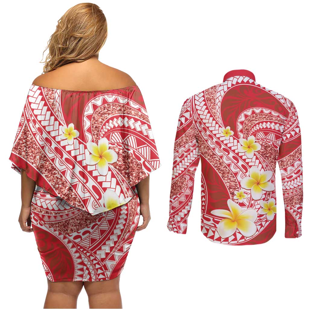 Plumeria Polynesian Coral Glitter Pattern Couples Matching Off Shoulder Short Dress and Long Sleeve Button Shirt LT01 - Polynesian Pride