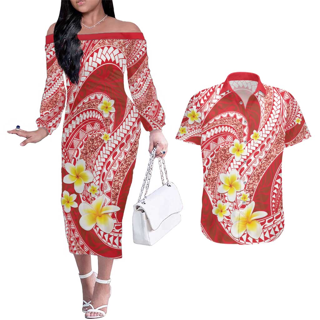 Plumeria Polynesian Coral Glitter Pattern Couples Matching Off The Shoulder Long Sleeve Dress and Hawaiian Shirt LT01 Coral - Polynesian Pride